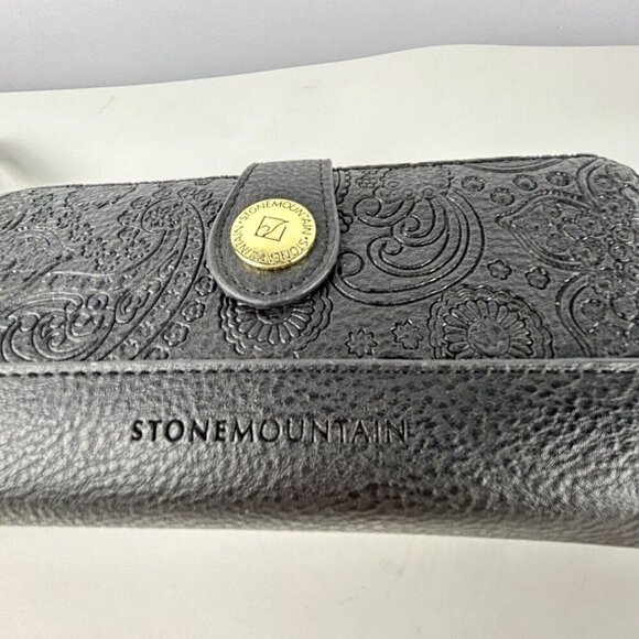 Stone Mountain Embossed Paisley Black Leather Wallet Wristlet Clutch 7-1/2" X 4" - Picture 4 of 12